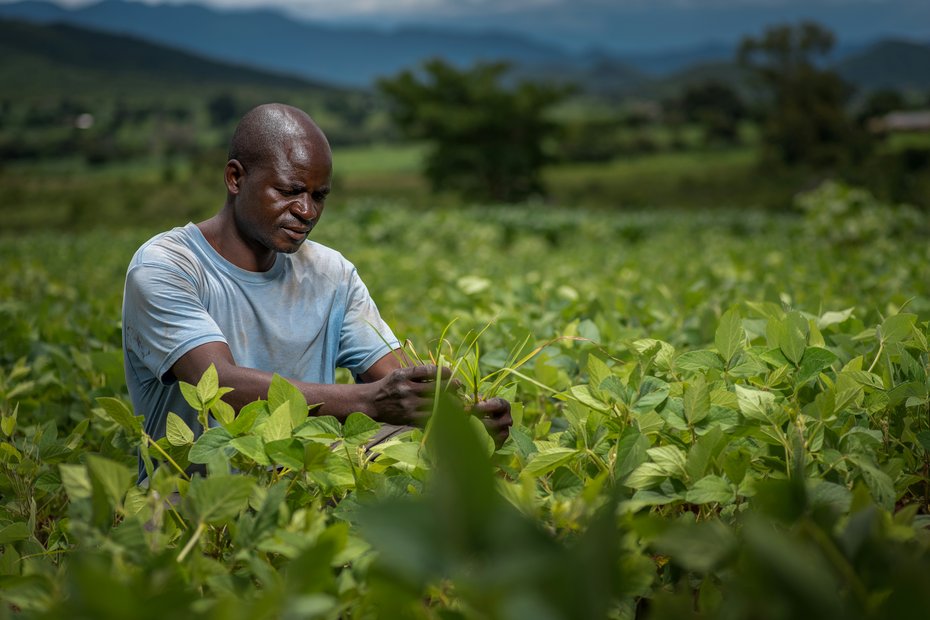 A male farm worker is working in a field
